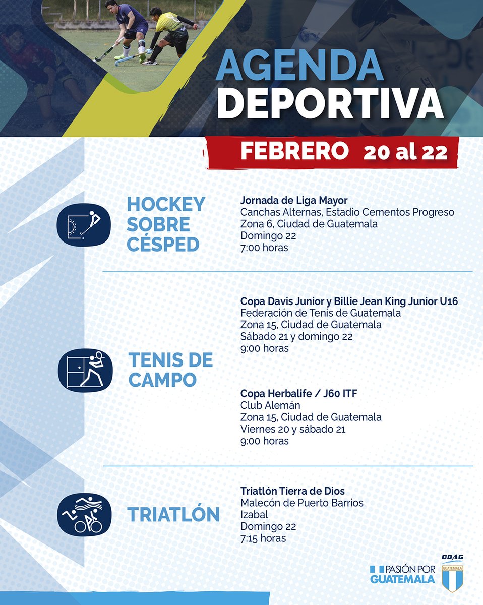 CDAG_Guatemala's tweet image. 📆💙 El fin de semana estará cargado de acción en el deporte federado. Consulta nuestra agenda deportiva y no te pierdas estos eventos. 💪🇬🇹

#Guatemala #Deportes #Atleta #Agenda #AgendaDeportiva