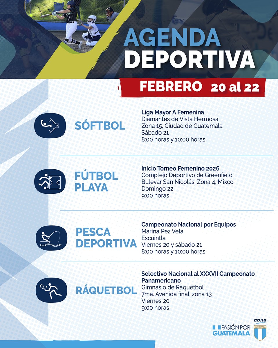 CDAG_Guatemala's tweet image. 📆💙 El fin de semana estará cargado de acción en el deporte federado. Consulta nuestra agenda deportiva y no te pierdas estos eventos. 💪🇬🇹

#Guatemala #Deportes #Atleta #Agenda #AgendaDeportiva