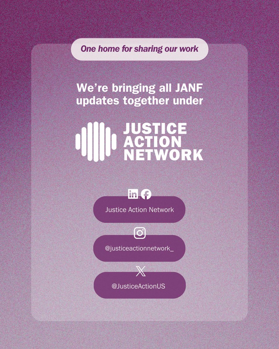JANFoundation_'s tweet photo. As our work continues to grow, we’re bringing our updates together in one place.

Going forward, all JAN Foundation (JANF) content and storytelling will live on the Justice Action Network channels.

Same mission. One home.

Follow @JusticeActionUS to stay connected. https://t.co/BsfcDUS9Zn