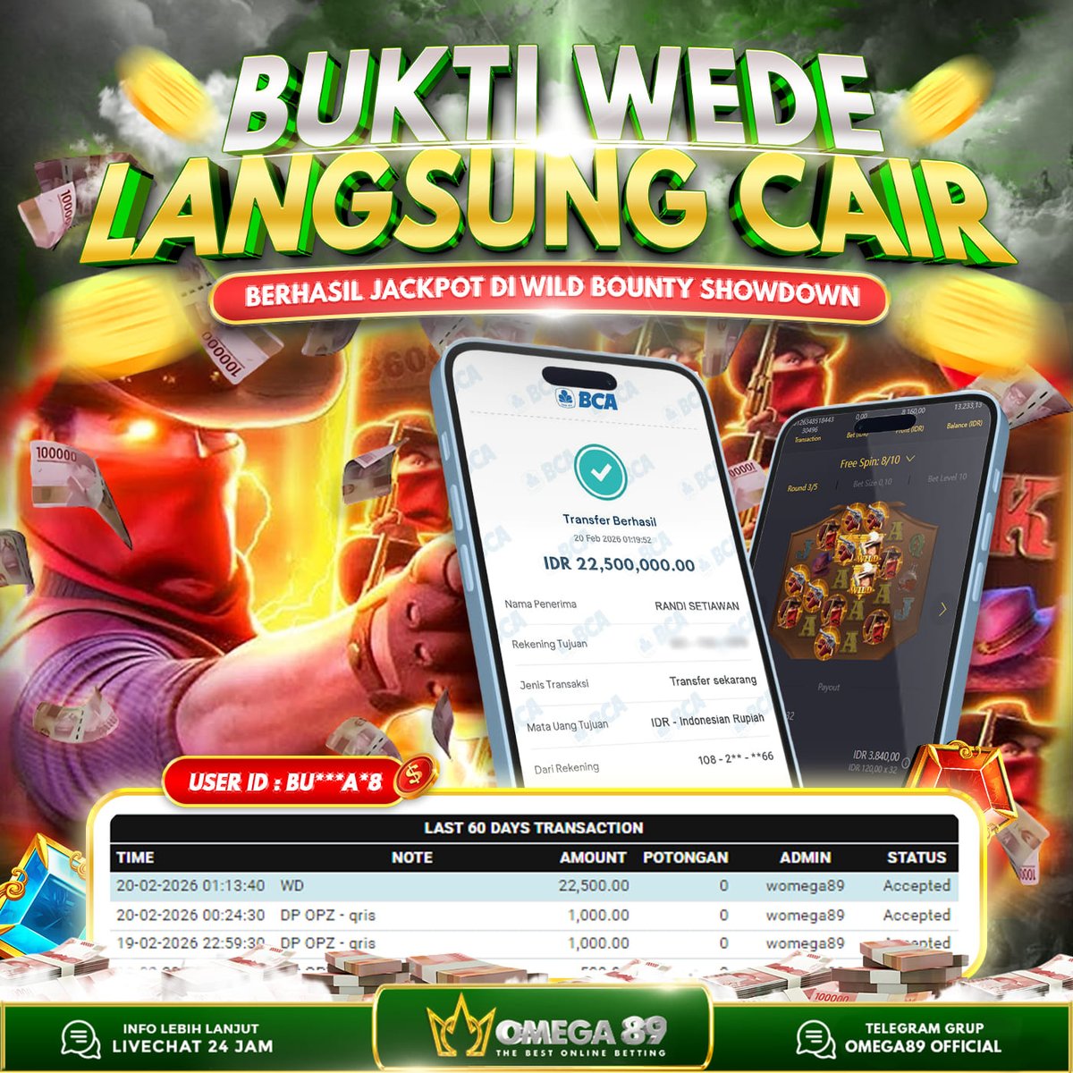 omega89rt's tweet photo. OMEGA89 JACKPOT DI WILD BOUNTY SHOWDOWN Rp.22.500.000,- LUNAS!!💸💸

✅ Withdraw Cepat
✅ Bukti Transfer Nyata
✅ Menang Berapapun Pasti Dibayar

Raih JP nya sekarang juga bersama OMEGA89!

🌐 https://t.co/e2ytpGxzOH

#Omega89 #Omega89login #Omega89rt #Jackpot #Pgsoft https://t.co/1T1Zqf1XYW