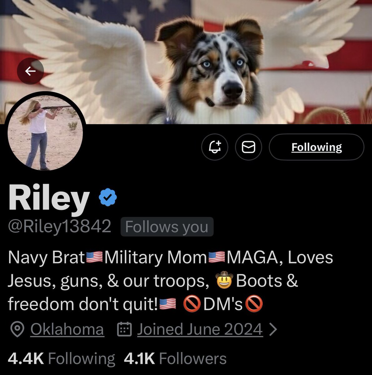 Shout out to my friend Riley ❤️

Navy brat turned Military mom, rock solid MAGA, lover of Jesus, guns, our brave troops and unbreakable Freedom !!! This Oklahoma cowgirl with her winged pup is the real deal !!!

Please give Riley a follow <a href="/Riley13842/">Riley</a> and share with your friends