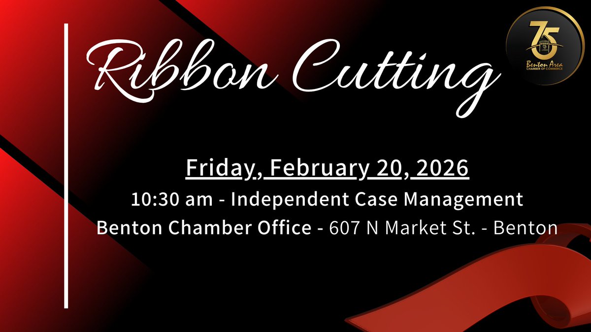 BentonChamber's tweet photo. You are invited to the following ribbon-cutting event.
We hope you will come out and support the following Chamber members!
Friday, February 20, 2026
10:30 am – Independent Case Management
Benton Chamber Office - 607 N Market St. - Benton https://t.co/YLHTPnVVo7