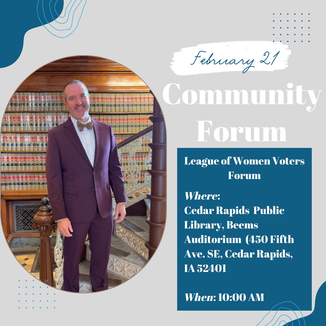 Join me this weekend at the Cedar Rapids Public Library in the Beems Auditorium for a League of Women Voters Community Forum!

Saturday February 21st @ 10am

If you cannot make it, you can always reach me via email, Eric.Gjerde@Legis.Iowa.Gov.