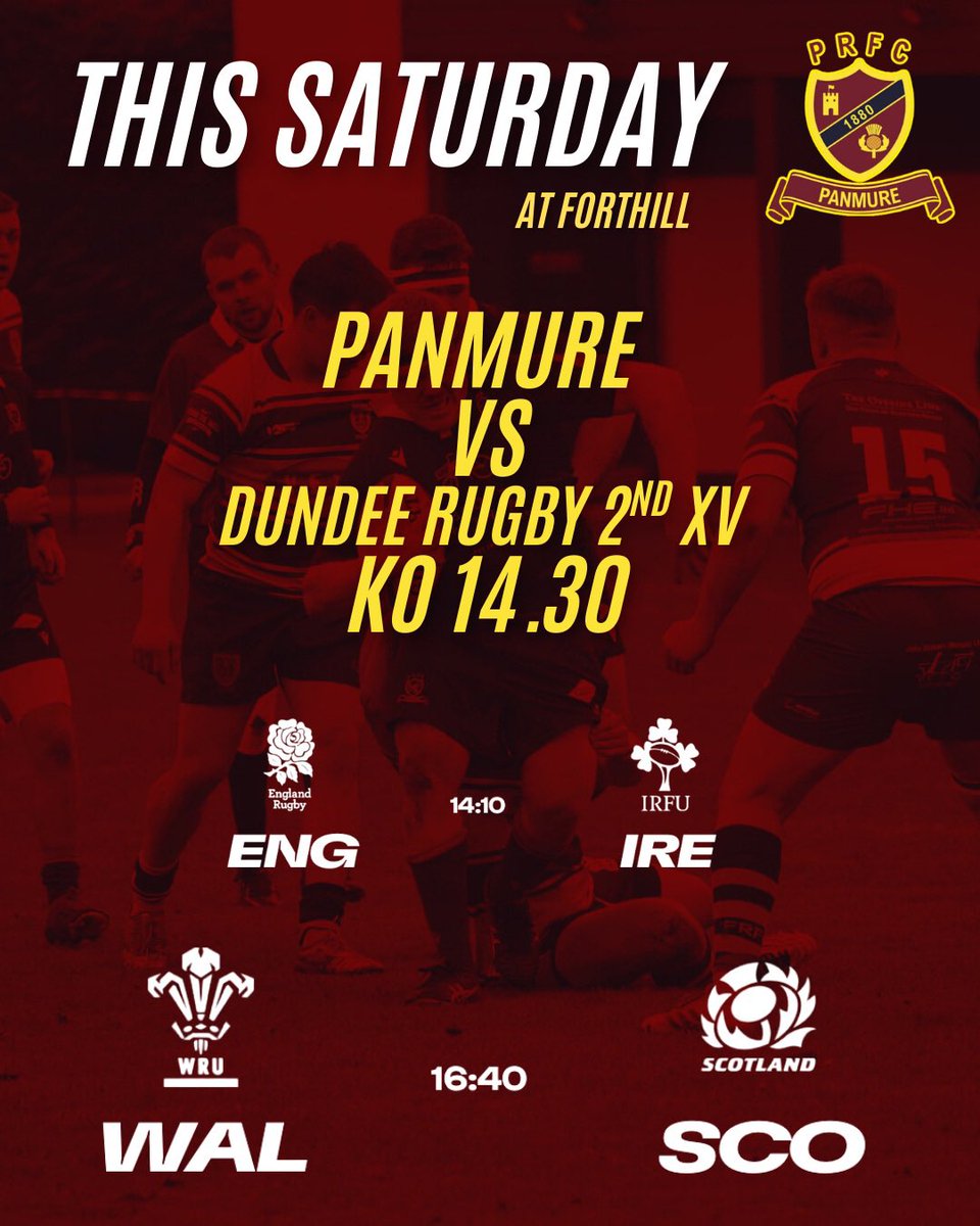 PanmureRFC's tweet photo. 🏉 Big weekend of rugby coming up at Forthill!

We return to league action with our penultimate game of the season hosting Dundee Rugby, KO 2.30pm.

And of course we will be showing all the Six Nations action

Bar open all day, all welcome at Forthill 

#PlayUpPanmure https://t.co/Y0jlbwMglu