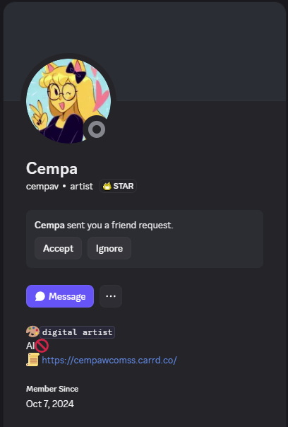Someone told me that there’s someone out there pretending to be me on Discord. If any of you receive a friend request, I DO NOT SEND REQUESTS unless we’ve had a prior conversation. If you get one, please report it.