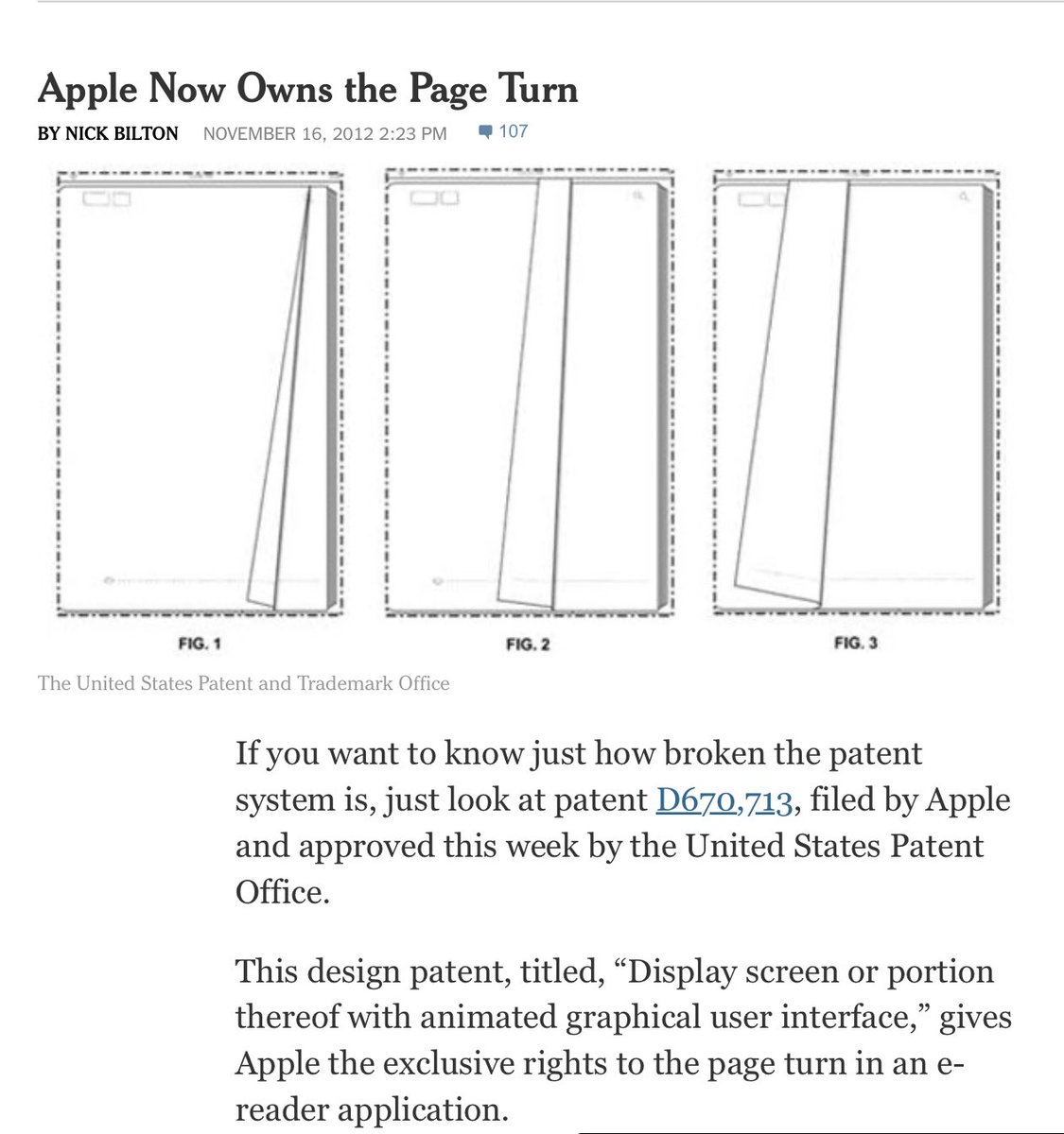 Remembered one more crazy case. 

Apple patenting simulation of physical page turning. 
(And then removing it from Books 10 years later, lmao)