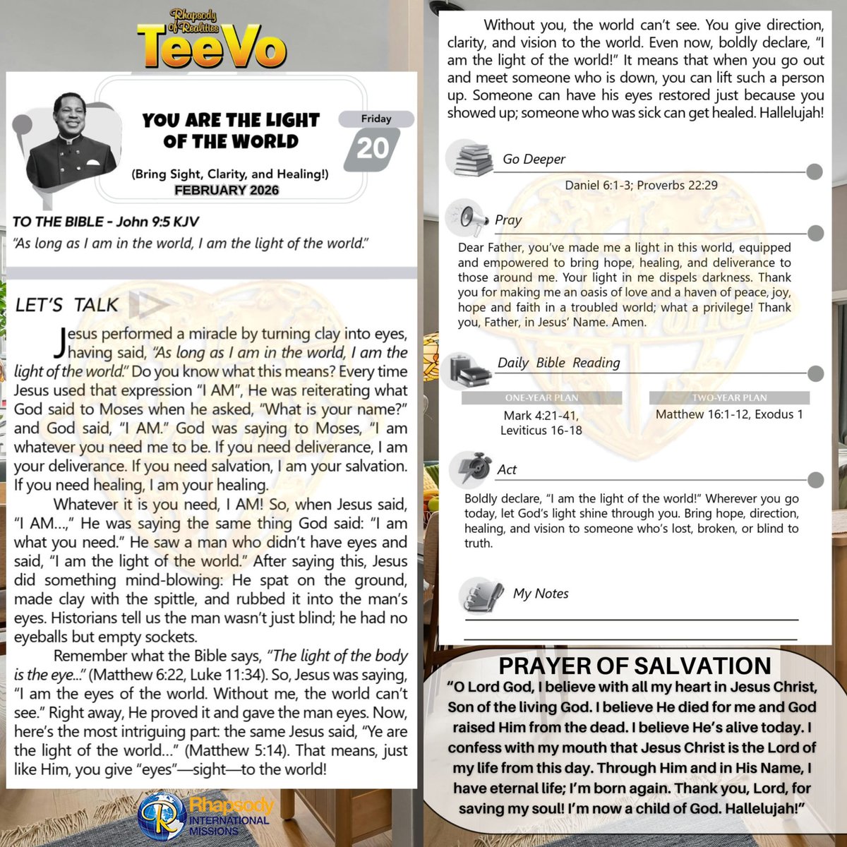 RhapsodyDaily's tweet photo. Rhapsody Of Realities 
 for TEENAGERS  
━━━━━━━━━━━━━━━━
Friday 20th February 2026 

YOU ARE THE LIGHT OF THE WORLD
(Bring Sight, Clarity, and Healing!)

#BuildWithTheWord https://t.co/WqNT3564Ix
