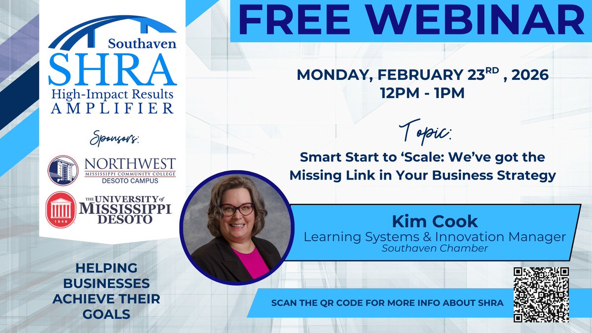 Join us for our FREE webinar, Smart Start to ’Scale, and discover the missing link in your business strategy. Thank you to our 2026 sponsors, Northwest Community College and University of Mississippi DeSoto Center. Register now 👉 bit.ly/4aXVL2x