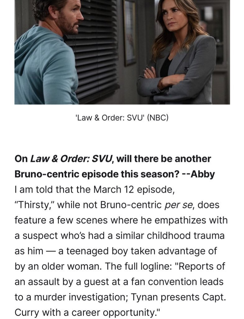 27x15 - Thirsty airing March 12 
Reports of an assault by a guest at a fan convention leads to a murder investigation; Tynan presents Capt. Curry with a career opportunity #svu