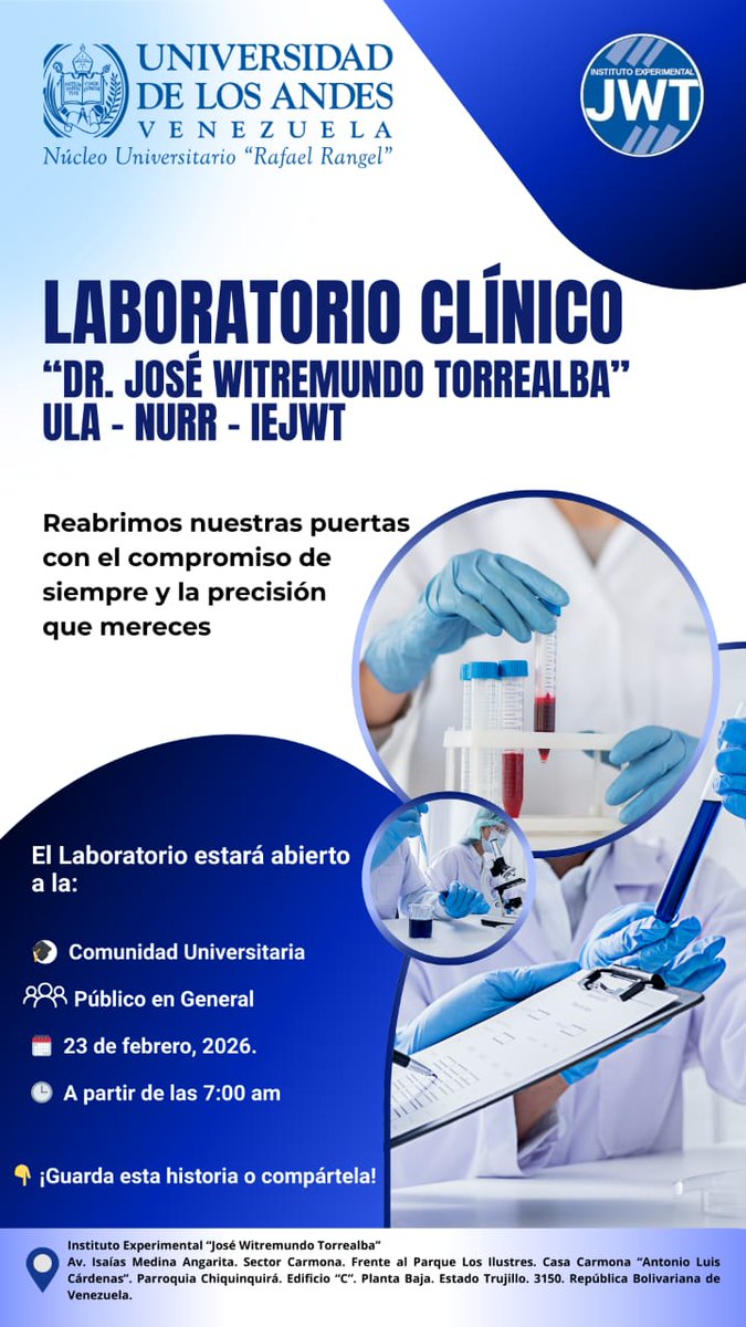 Reabren el Laboratorio Clínico Dr. José Witremundo Torrealba, ubicado en la Casa Carmona del  Núcleo Rafael Rangel de la Universidad de Los Andes, este #23Feb 
#UniVe #ULA #Nurr #Trujillo