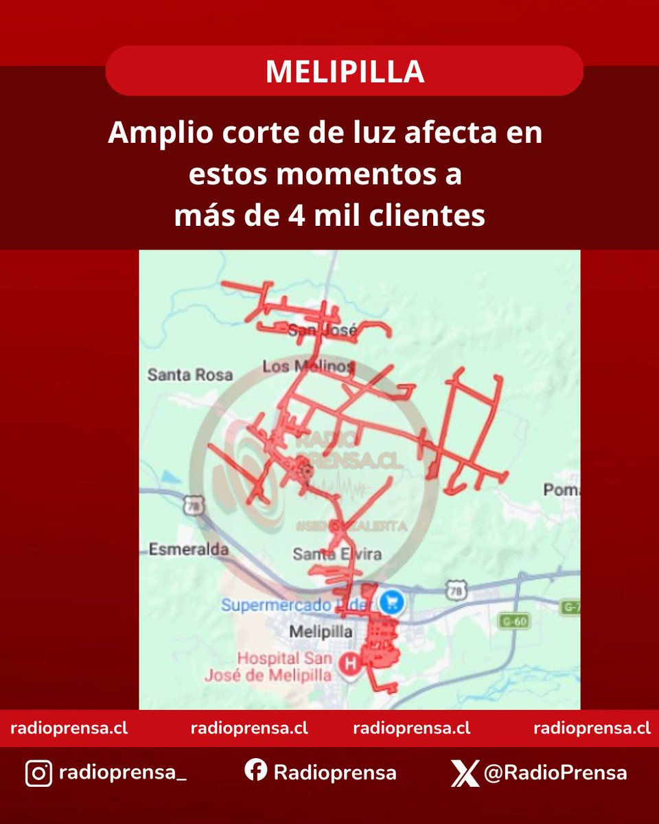 RadioPrensa's tweet photo. #siemprealerta‼️ Corte de luz en un amplio sector de Melipilla. Los clientes afectados son 4.248 de acuerdo a lo que informa CGE. Además estiman el tiempo de reposición a las 4:00 de la mañana. La causa del corte sería el choque de un camión en la esquina de Libertad con Egaña. https://t.co/rAIIzzoNfM