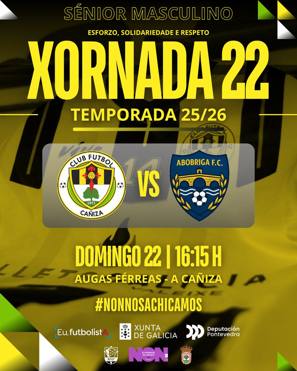 𝙓𝙊𝙍𝙉𝘼𝘿𝘼 𝟮𝟮 | ᴛᴇᴍᴘᴏʀᴀᴅᴀ 𝟤𝟧/𝟤𝟨
𝐒𝐞𝐧𝐢𝐨𝐫 𝐌𝐚𝐬𝐜𝐮𝐥𝐢𝐧𝐨

🆚 Abobriga FC
📅 22/02/26
⏰ 16:15
🏟️ Augas Férreas 

𝑬𝒔𝒇𝒐𝒓𝒛𝒐, 𝑺𝒐𝒍𝒊𝒅𝒂𝒓𝒊𝒆𝒅𝒂𝒅𝒆, 𝑹𝒆𝒔𝒑𝒆𝒕𝒐

💛🖤💚🤍

#cfc #cfcañiza #nonnosachicamos