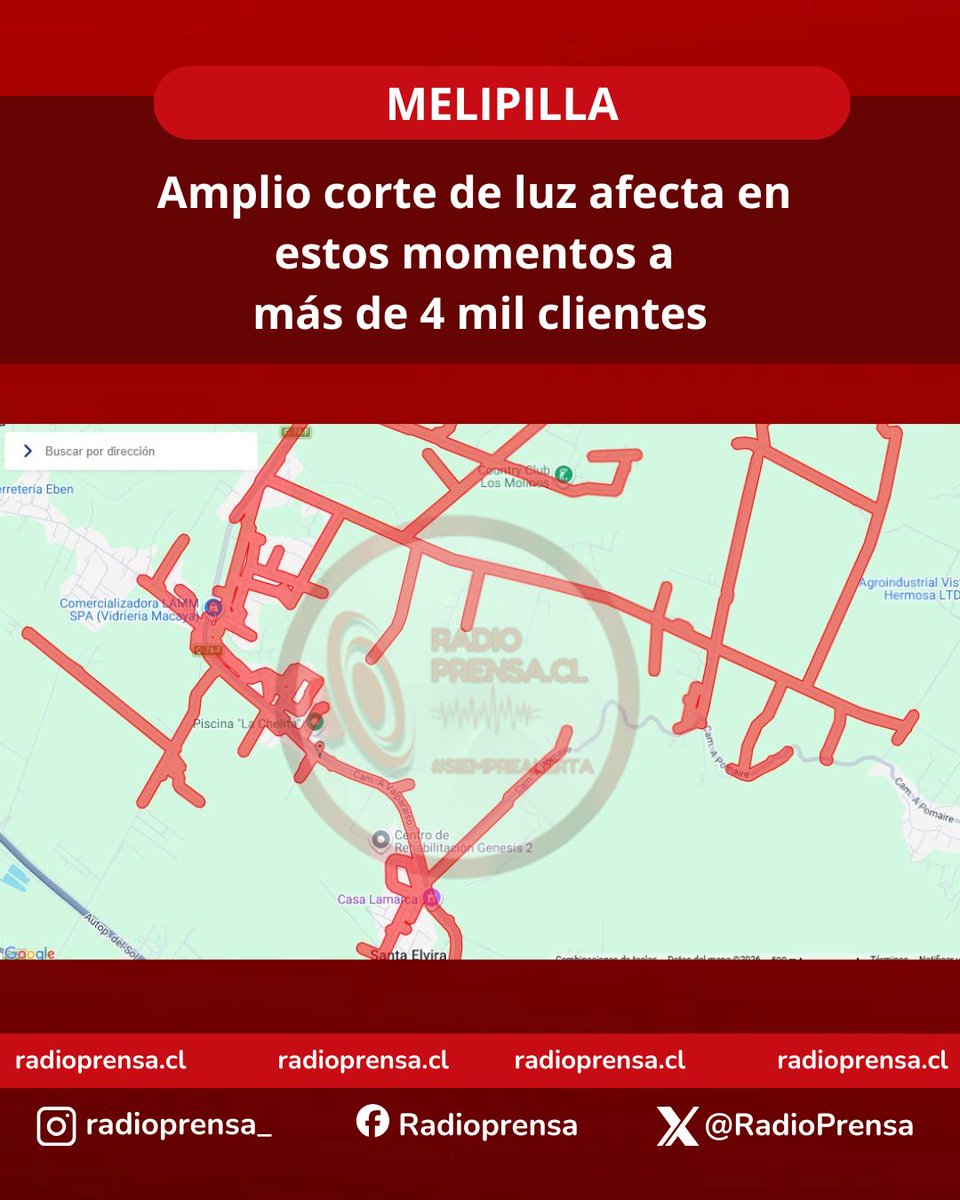 RadioPrensa's tweet photo. #siemprealerta‼️ Corte de luz en un amplio sector de Melipilla. Los clientes afectados son 4.248 de acuerdo a lo que informa CGE. Además estiman el tiempo de reposición a las 4:00 de la mañana. La causa del corte sería el choque de un camión en la esquina de Libertad con Egaña. https://t.co/rAIIzzoNfM