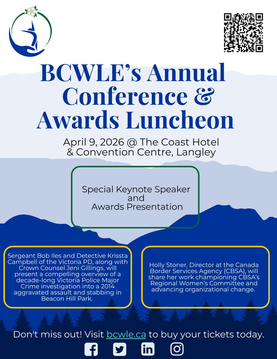 Have you registered yet? The speed at which February is whipping by, it seems April and the #BCWLE Conference will be here in no time!

Learning, lunch, awards, networking - so many benefits. Scan the QR code or go to bcwle.ca.

#StrongerTogether #WomenLeading