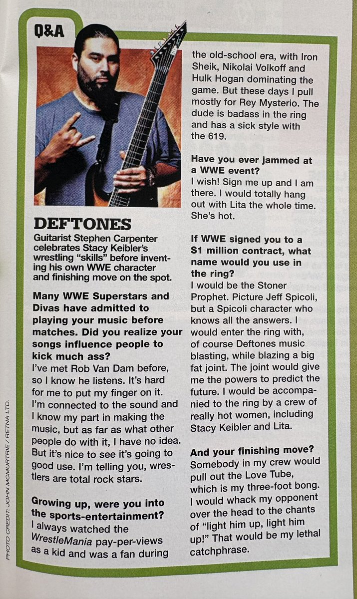 WWE Magazine interview The Deftones Stephen Carpenter
