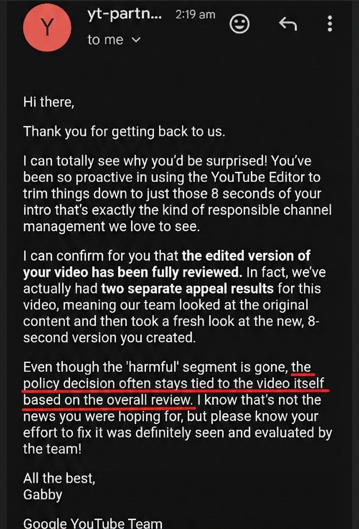 dtstoons's tweet photo. @TeamYouTube Your support admitted: "the 'harmful' segment is gone" after I used "Edit &amp; Appeal" to trim my video to 8s.
​Yet, you kept the strike based on the "original" upload!
​What is the point of the Edit tool then?
​Case: 1-7801000040351. I need a real expert! https://t.co/0rMXPqsmEG