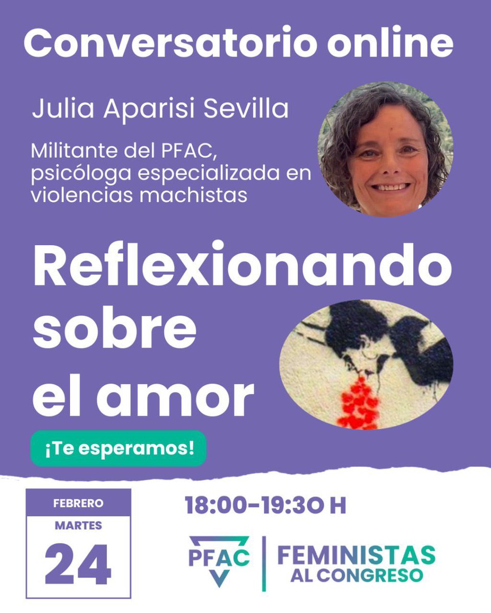 feministas_cong's tweet photo. 📢 ¡Sesión en ABIERTO!

¿Cómo influyen las estructuras sociales en nuestra forma de amar? Acompáñanos en este conversatorio con la psicóloga Julia Aparisi Sevilla.

🗓️ 24 de febrero
🕕 18:00h
🔗 Enlace: https://t.co/cdBvaZ1k9q

¡Te esperamos! 💜 #Feminismo #PFAC #violenciasmachistas