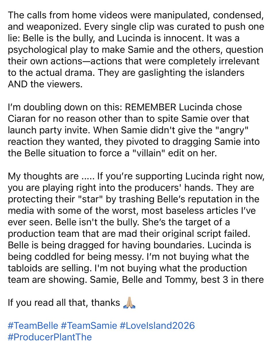 seen this on facebook and could not agree more!!! so glad someone has said it 👏🏻👏🏻

i know its a long read but so so truthful on the samie, belle and lucinda situation

bit of a shame on <a href="/LoveIsland/">Love Island</a> part but ofc

team samie always ❤️

#loveisland #loveislandallstars