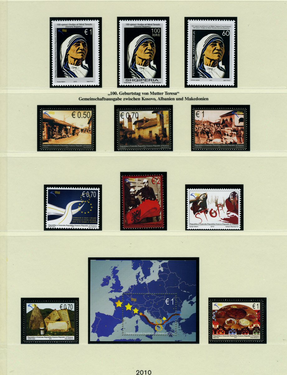 A small part of my 2010 #Kosova stamp collection 📷

Featuring the joint issue marking the 100th birthday of Mother Teresa (with #Albania &amp; North Macedonia), Kosovo heritage scenes, European integration themes, and national identity moments.
Philately tells history in miniature —