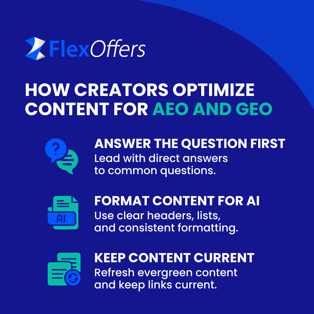 AI values clarity over volume.

Top creators answer questions clearly, format data well, and update existing content smartly. AEO and GEO reward making work easier to understand and reuse. 

Keep content working long-term.

#flexoffers #seo #aeo #geo #ai #artificialintelligence