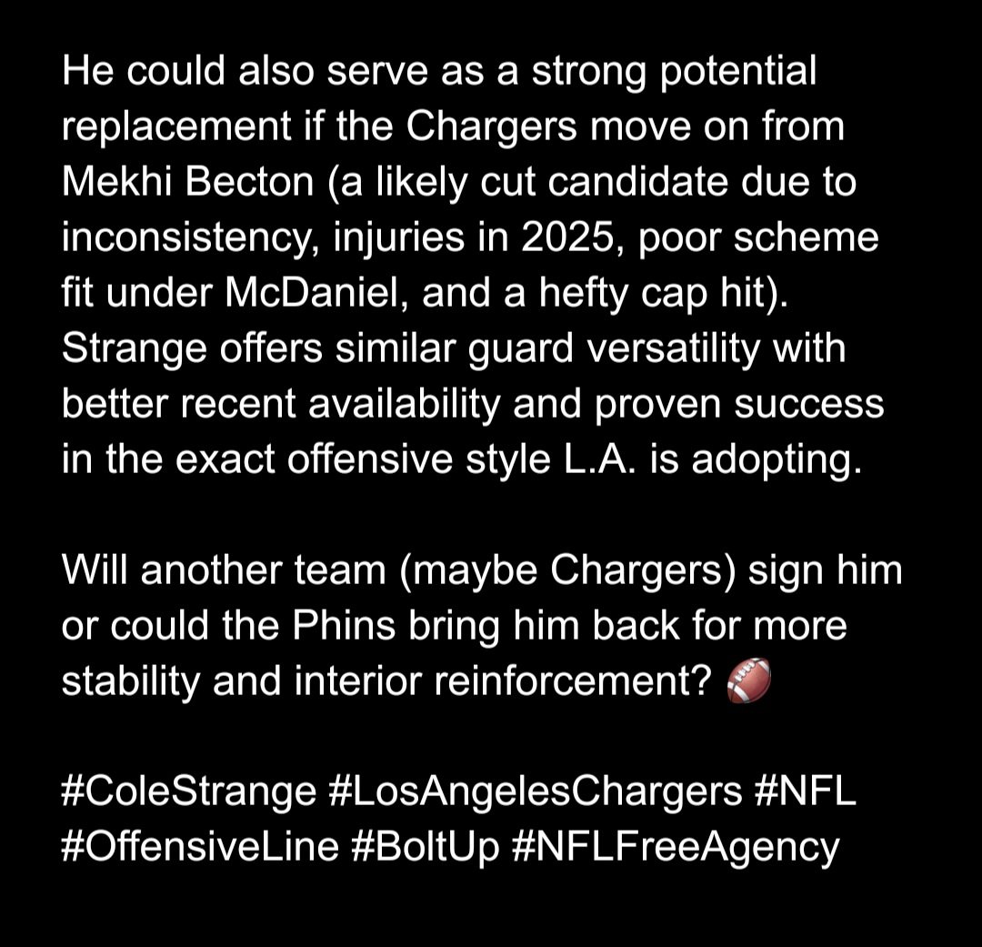 BoltUpWilly's tweet photo. Here is what I found on Cole Strange. It makes too much sense for the Chargers and allows them to get a top Free Agent or two: 
#boltup #chargers #protectHerbert https://t.co/vRuYOGEMo4