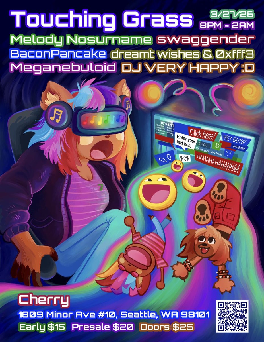 Turn URL life to IRL with hands up, hybrid trap, hyperflip, breakcore, and on. Touching Grass on their terms, it's an online scene planting a flag outside!

📆: 03/27/2026, 8pm-2am
📍: Cherry (1809 Minor Ave)
🎫: Get tickets below! 

Poster art by: <a href="/corduroiv/">Corduroy</a>