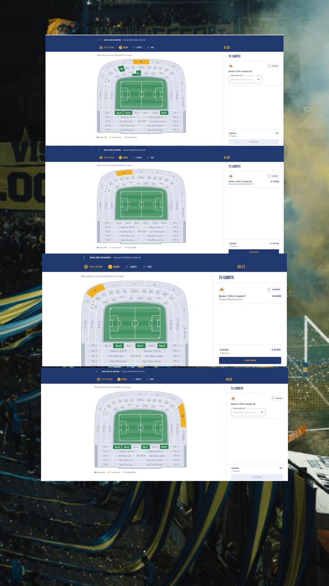 Algunas plateas altas que estuvimos reservando hoy para el clásico 🆚 Racing ✅💙💛💙