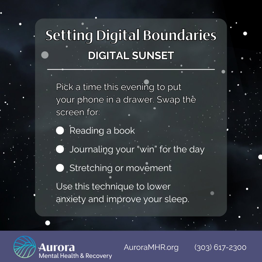 It’s easy to get caught up in the 24/7 #news cycle or the comparison trap on #SocialMedia. This week, try a #Digital Sunset.

Your brain deserves a "Do Not Disturb" mode, too.

#DigitalDetox #MentalHealthMatters #SleepHygiene #AuroraMHR #ProtectYourPeace