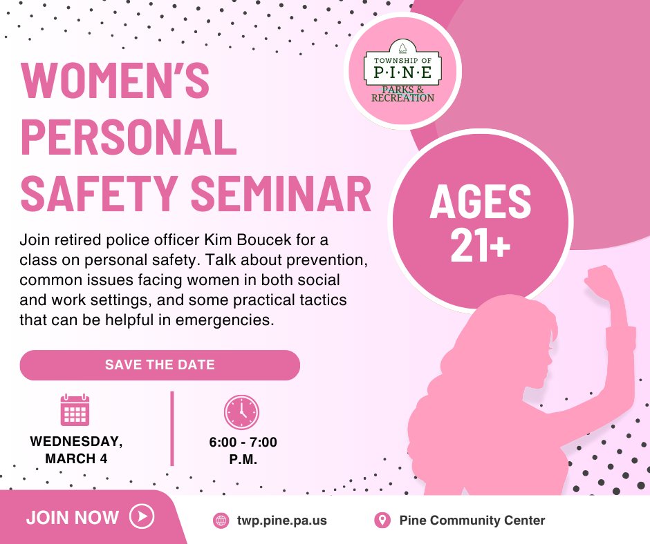 Let's talk safety, together 💚 Retired Police Officer Kim Boucek is leading a Women's Personal Safety Seminar at the Pine Community Center, covering prevention, real-life scenarios, and practical tips for emergencies.

🔗 Learn more &amp; sign up here: operations.daxko.com/programs/redir…