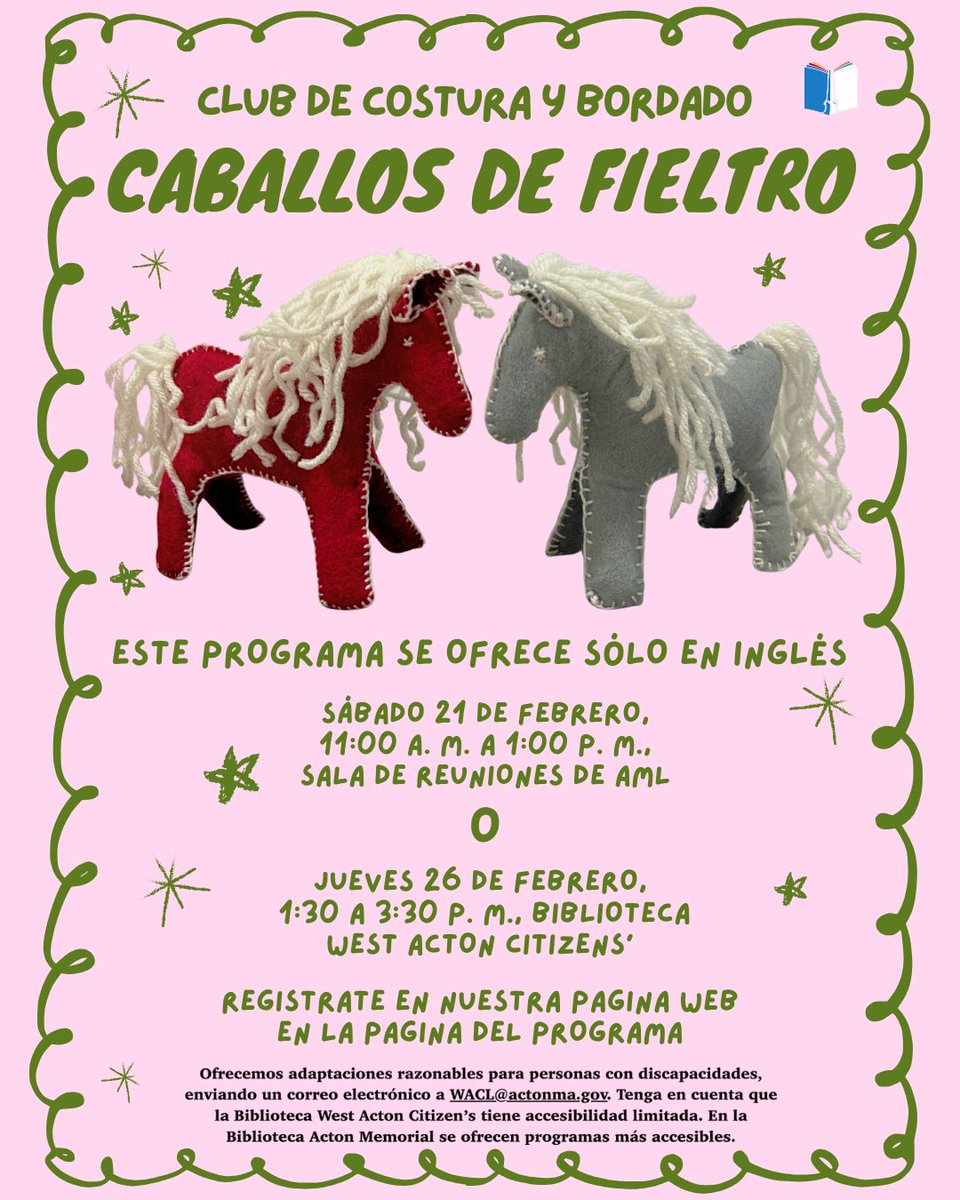 Join us next week for Felt Toy Horses! Sewing and Embroidery Club @ West, Thursday, February 26, 1:30—3:30 PM, West Acton Citizens' Library. Sign up on the program page on our website: …emoriallibrary.assabetinteractive.com/calendar/sewin… 
See bio for accessibility info.