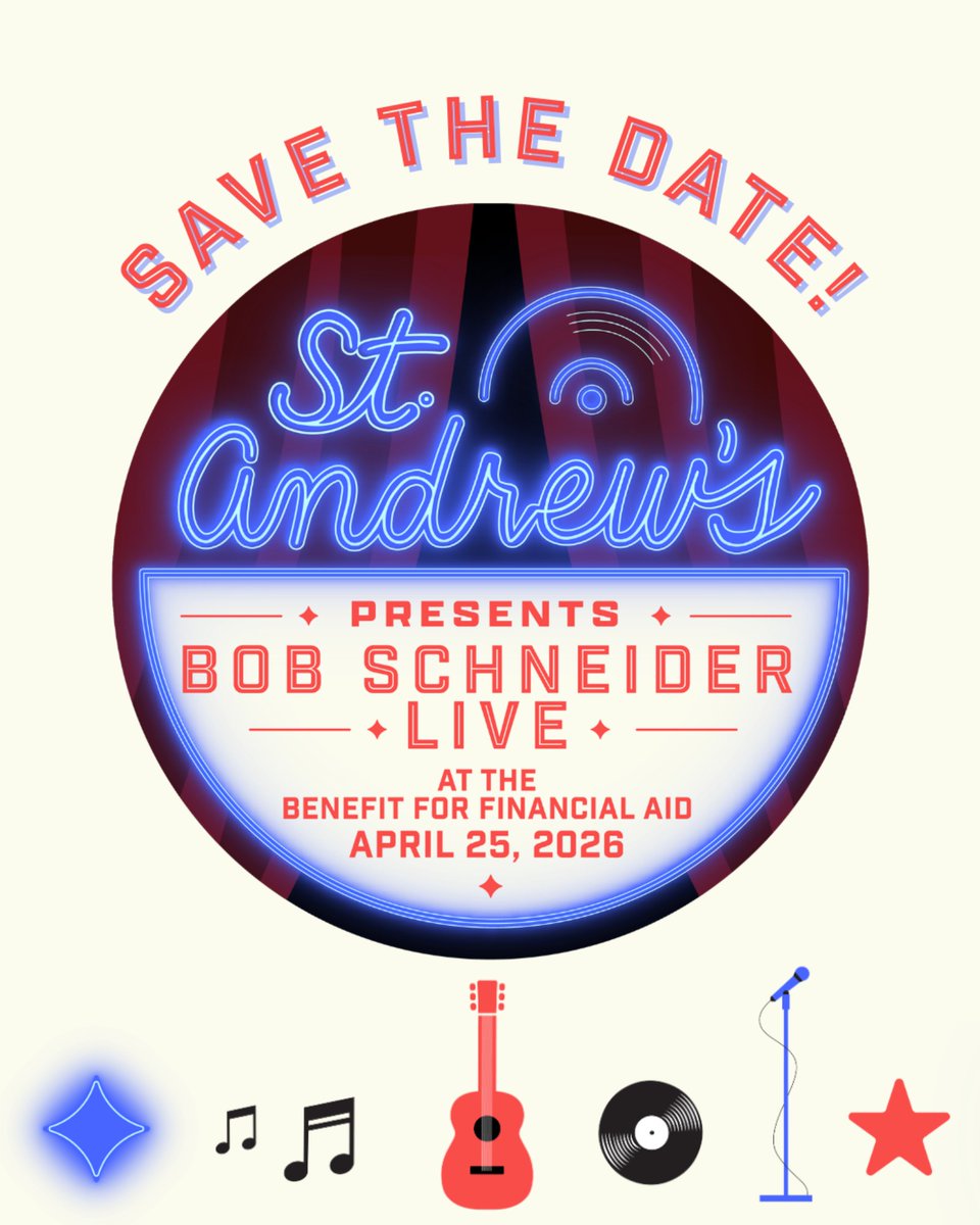SASAustin's tweet photo. Save the date!🎸On Saturday, April 25, we hope you'll join us for the St. Andrew's Benefit for Financial Aid: a concert from Austin legend Bob Schneider, a fabulous live auction, and a night out with your St. Andrew's community, all in support of the financial aid fund. https://t.co/h9BENNmyxU