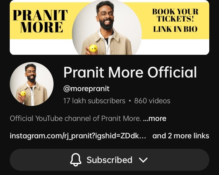 #Pranitmore Congratulations  Pranit  Bhau for 1.7M subscriber.
😎❤️

<a href="/Rj_pranit/">Pranit More</a>