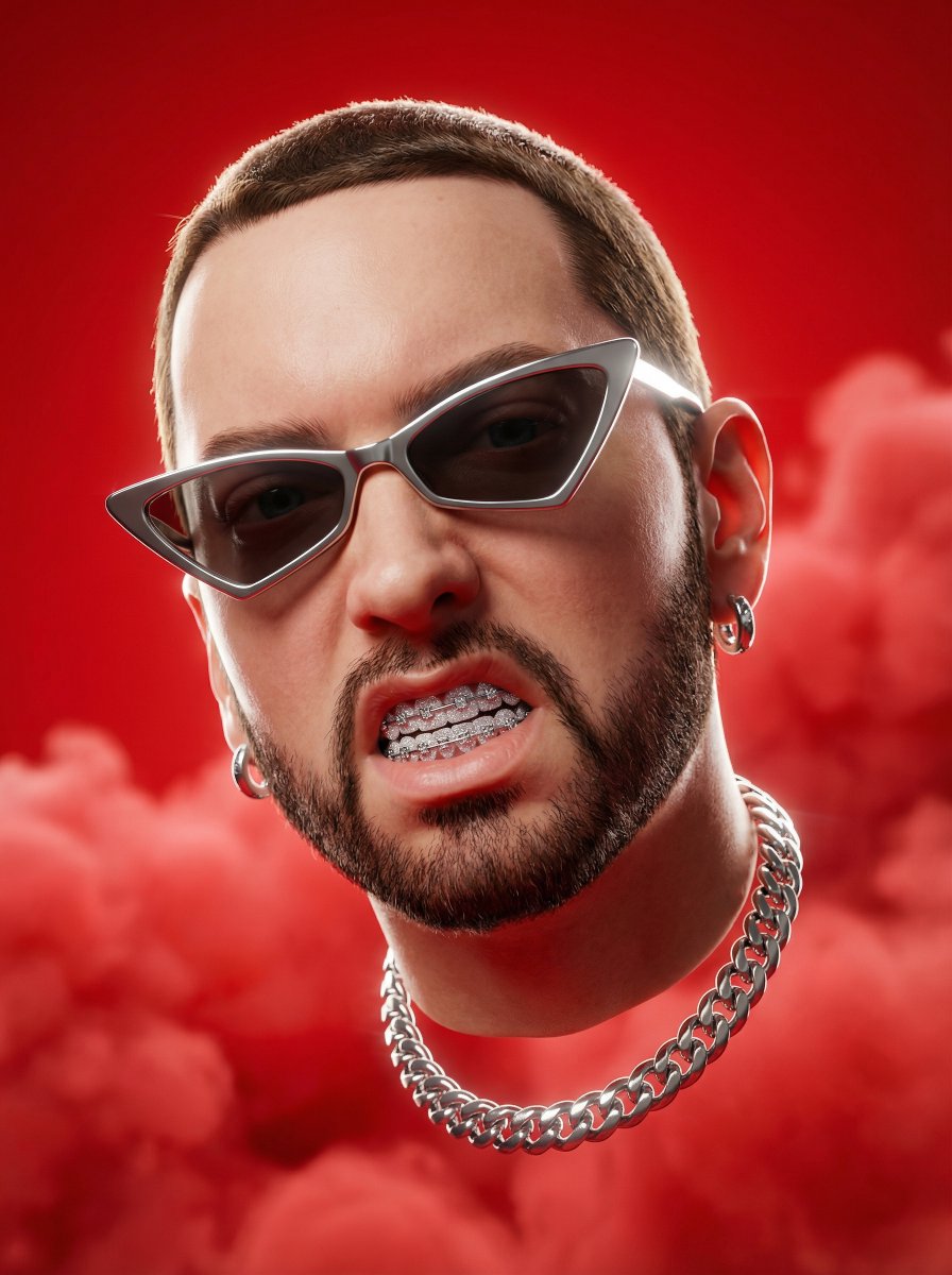 Wow, prompt Gemini Nano Banana ↓↓

"Un retrato de cabeza en 3D hiperestilizado y dinámico flota sobre un fondo rojo intenso con nubes volumétricas suaves y sombreado uniforme. Solo aparece la cabeza caricaturesca en 3D, sin cuello visible, con rasgos faciales que coinciden