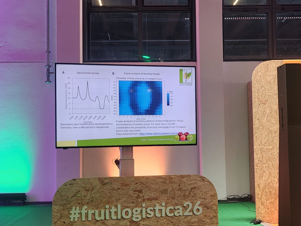 Nacherntephysi1's tweet image. Collaboration focus
At #Frutic2026 I had the pleasure to present our ABH 039 project on dynamic energy pricing &amp;amp; cold storage optimization in pome fruit.
Great collaboration between #Agroscope 🇨🇭, #HSWT &amp;amp; #KOB 🇩🇪.
Science serving growers &amp;amp; regions!