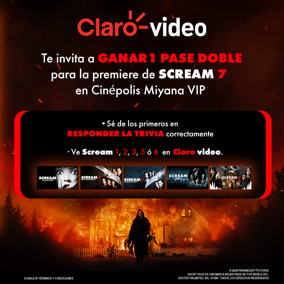 ¡Gana un PASE DOBLE para la premiere de 𝗦𝗰𝗿𝗲𝗮𝗺 𝟳! 😱 7️⃣ ¡Compra o renta tu peli favorita de esta saga en #Clarovideo y contesta correctamente la trivia para poder ganar! 🎟️ 🤩 
👉 ¡Ve la saga!: bit.ly/4rcIh8O    
👉 Contesta la trivia:  bit.ly/4kE8LOo