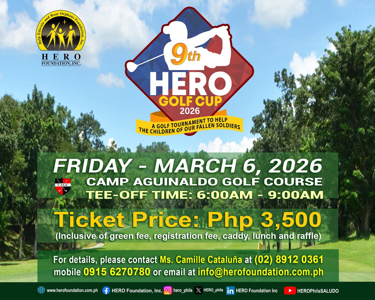 14 days to go before the
9th Hero Golf Cup 2026!

Tickets are now available
Ticket Price: P3,500 (Inclusive of Green Fee + Registration Fee, Caddy, Lunch and Raffle)

Contact Ms. Camille Cataluña at
(02) 8 912 0361 / 0915 6270780 
or email info@herofoundation.com.ph