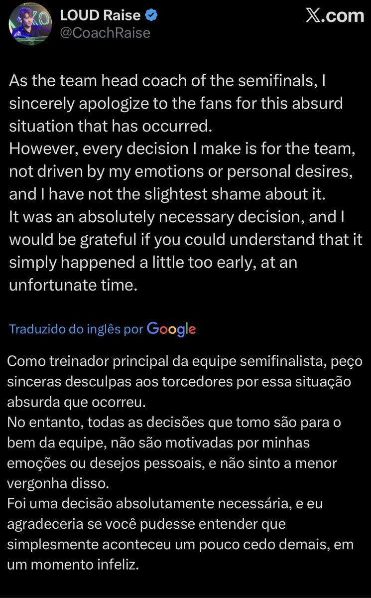 🚨🚨

🇰🇷 Raise se pronuncia após polêmica envolvendo a saída de Jean Mago e chegada de Envy na LOUD.

"Todas as decisões são tomadas para o bem da equipe, e não envolvem emoções ou desejos pessoas, e não sinto a menor vergonha disso."