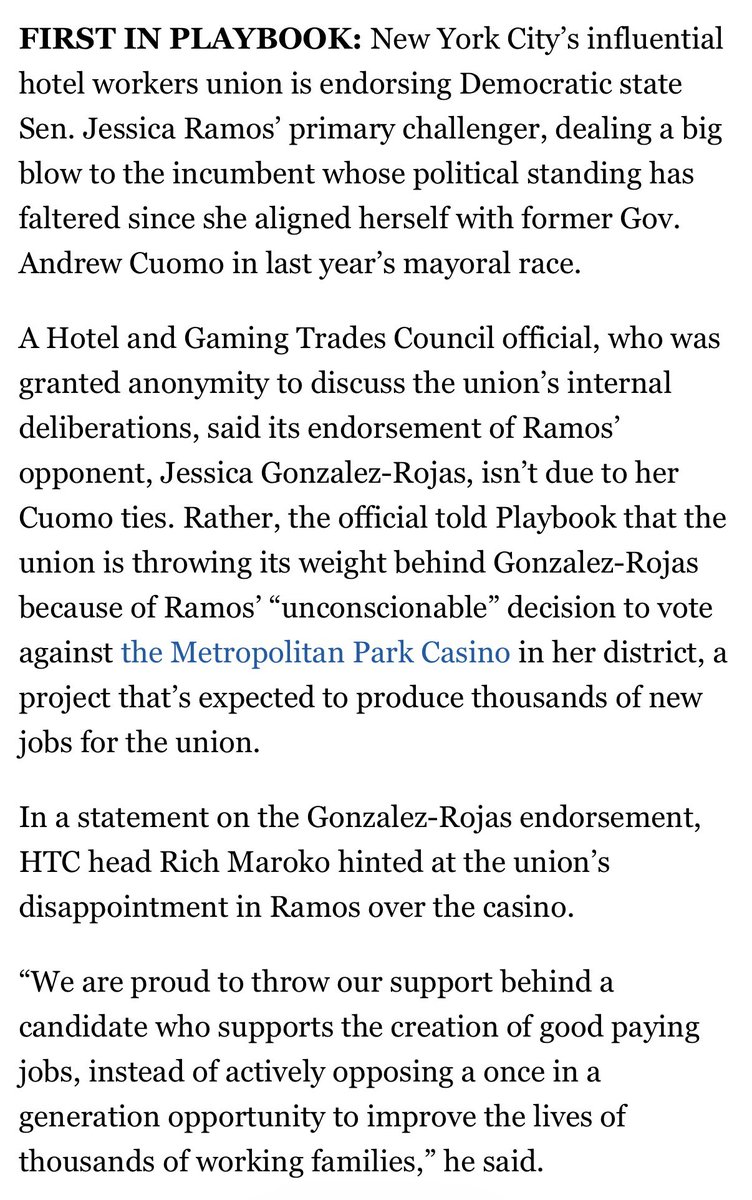 C_Sommerfeldt's tweet photo. NYC's influential hotel workers union is endorsing Jessica Ramos' primary challenger, Jessica Gonzalez-Rojas, dealing a big blow to the Senate Labor Committee chair whose political standing has faltered since she aligned herself with Cuomo's mayoral bid.

https://t.co/REcUUt4d05 https://t.co/fpztmLVn3U