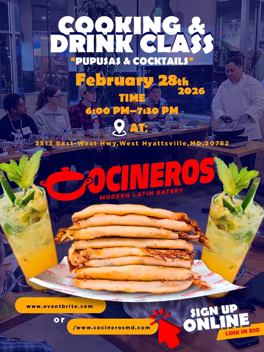 DCNowEvents's tweet image. #FeaturedEvent Aprons on, cocktails poured, and hands back in the dough next Saturday at Cocineros🫓🍹

RSVP for tickets 🔽
tinyurl.com/mwdt42mr

Limited seats available.
🕕 6:00 PM – 7:30 PM

The Pupusas &amp;amp; Cocktails Cooking Class returns on February 28th, bringing people