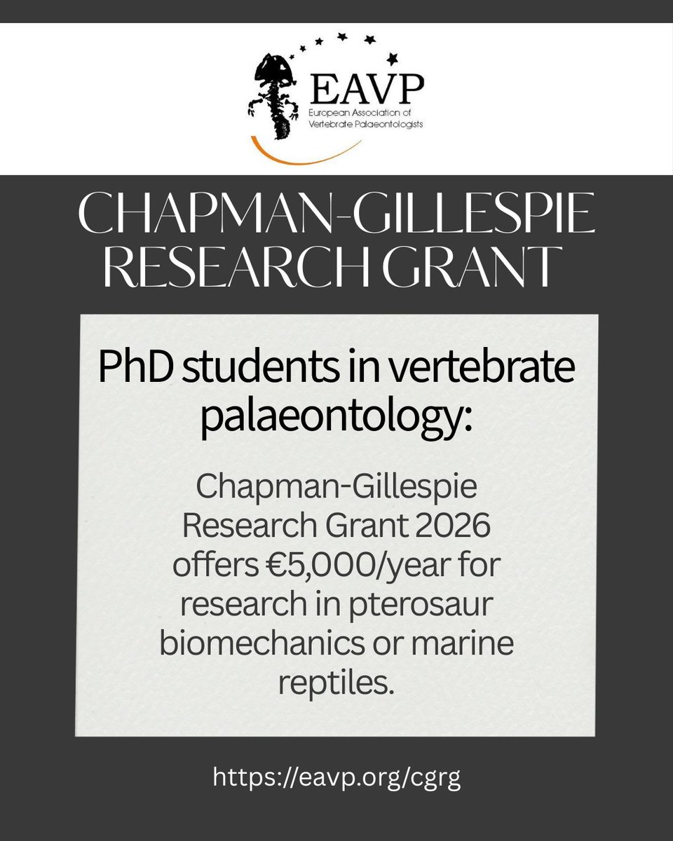 GRANT ALERT📌 #PhD students in vertebrate palaeontology, the EAVP *Chapman-Gillespie Research Grant* '26 offers €5,000/year (up to 3 years) for research in pterosaur biomechanics or marine reptiles.
🗓 Deadline: 18 March
📧 eavp@eavp.org
👉eavp.org/cgrg
#fossilfriday