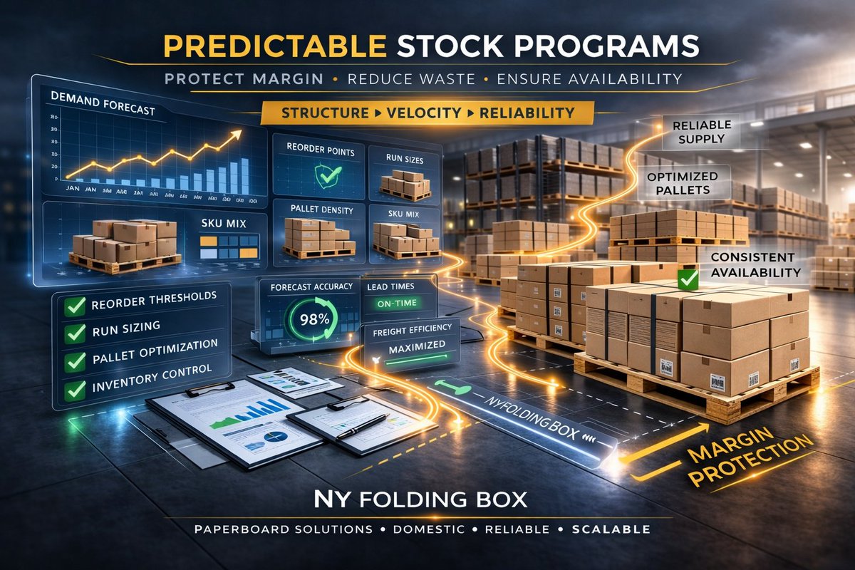 Predictable stock programs protect distributor margin.

Structured reorder points.
Optimized pallet density.
Reliable supply.
Reduced waste.
Inventory discipline is not optional in distribution.
Paperboard only.
Established 1918.
Read more:
 nyfoldingbox.com/predictable-st…