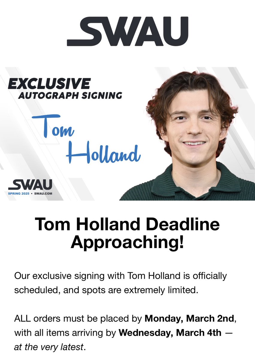SWAUさんトムホランドさんサイン会の注文3月2日に販売締め切り