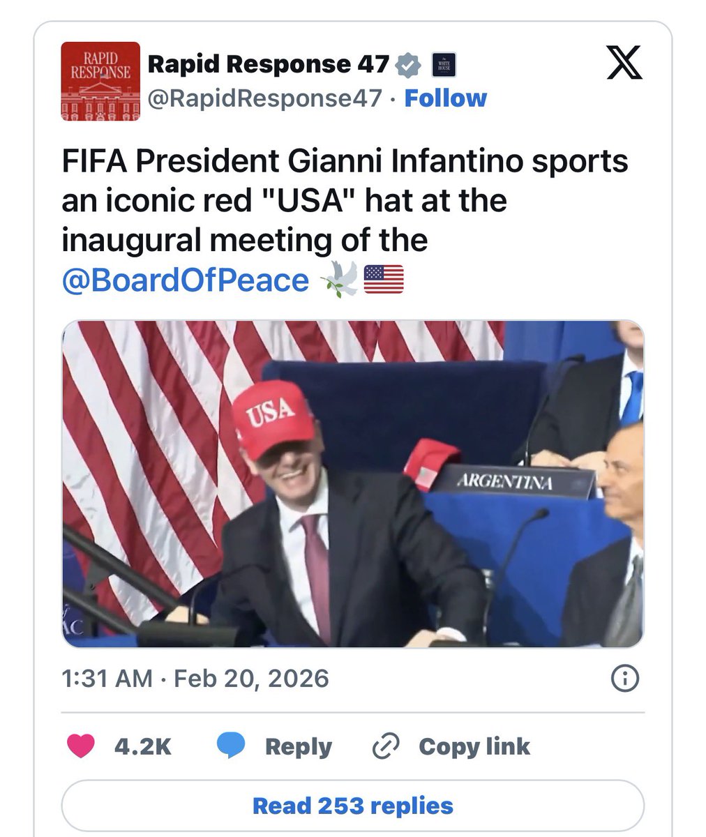 Craig_Foster's tweet photo. FIFA has a duty to respect ‘all internationally-recognised human rights’, as included in the International Bill of Rights.

These include the right to life, freedom from discrimination, freedom from torture, right to be treated with dignity in detention, to health (food, water, housing), to fair trial, to equality before the law, to education, freedom from hunger, rights of mothers to special protection before and after birth.

The Trump ‘Board of Peace’ is violating every one of them.

And Infantino is wearing the hat.