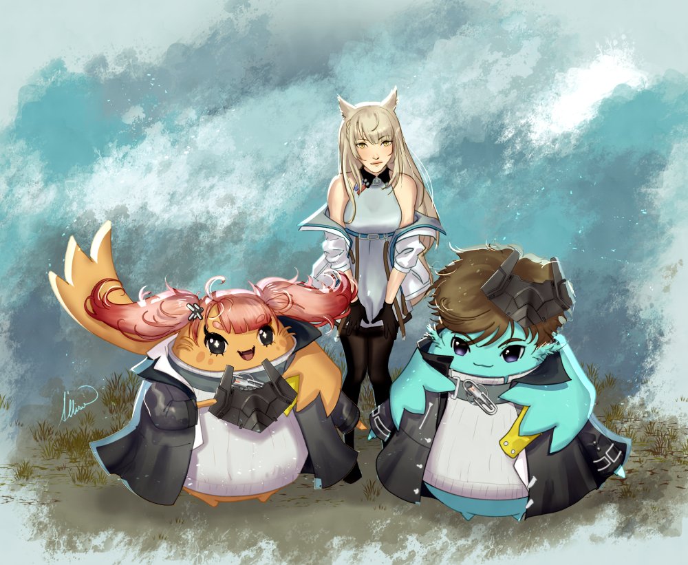 Ammosart's tweet photo. The Ponmins and Supervisor Mio are here! Started this a few weeks ago, been working on it during stream for a funsies doodle :) #ArknightsEndfield #xenoblade3 https://t.co/ekTLHMojoP