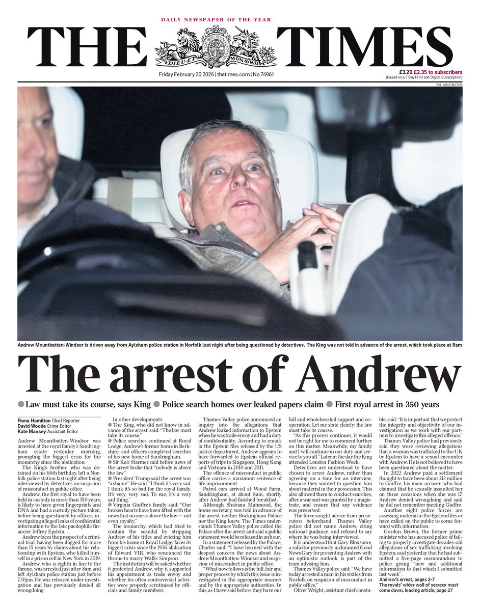 THE TIMES: The arrest of Andrew #TomorrowsPapersToday