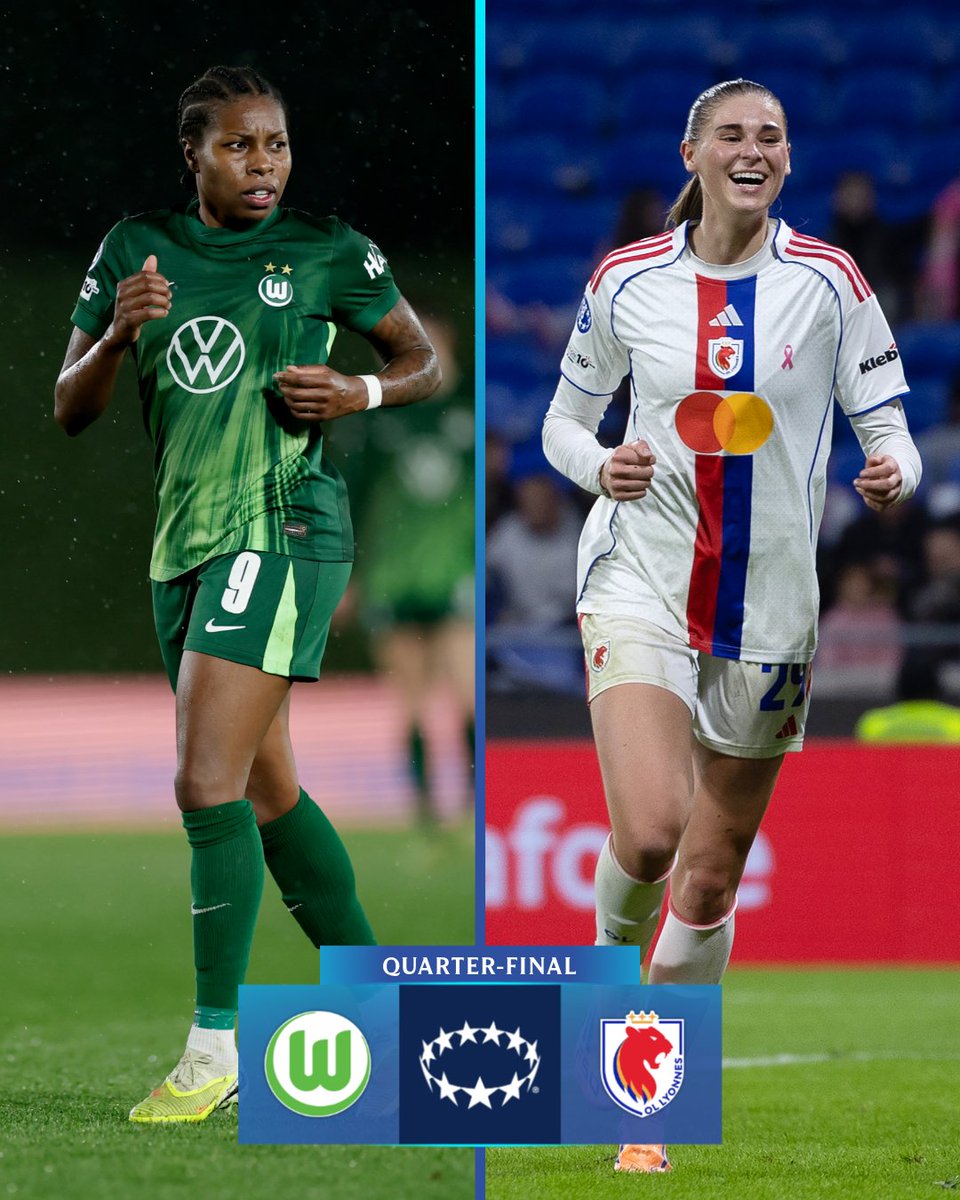 UWCL's tweet photo. Wolfsburg face OL Lyonnes in the quarters 💪
#UWCL https://t.co/GYdrVnIeOo
