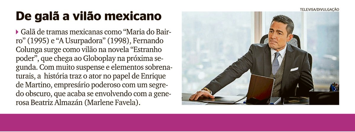 dia_tiago's tweet photo. Fernando Colunga surge como vilão Enrique de Martino na novela #EstranhoPoder, trama mexicana que estreia no Globoplay, a partir do dia 23 de fevereiro.

🗞 Jornal Extra https://t.co/GA3gg3ESaK