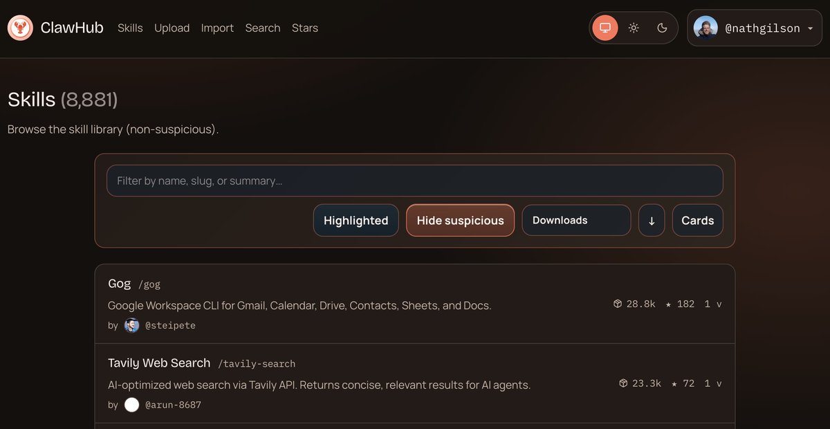 .<a href="/steipete/">Peter Steinberger 🦞</a> ClawHub has >8'000 skills. Would be great to have an agent that lists the specific set of skills Claw needs to automate my business