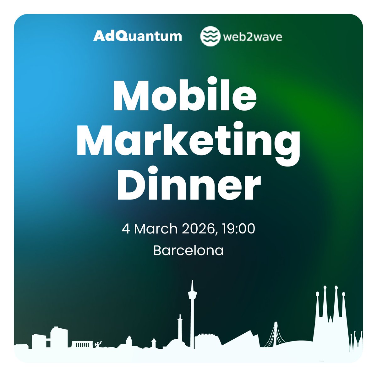 AdQuantum &amp; web2wave invite app pros to an App Marketing dinner in Barcelona 🙌

📅 March 4, 19:00, Barcelona (the exact location will be shared with the guests) 

🥂 Grab your spot 👉 luma.com/os6xmqz9