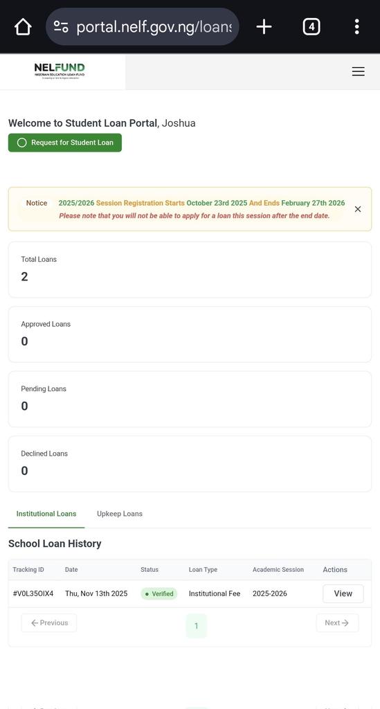 web3Joshyy's tweet photo. @NELFUND @NELFUND it's been like this since November 2025 and exams starts by March pls help rectify 🤲🏾 https://t.co/WPbPtRCnyb